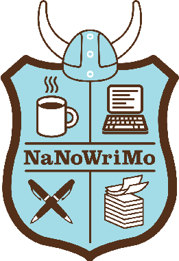 NaNoWriMo logo, a shield-shaped crest featuring a coffee cup, computer, pens, and paper.