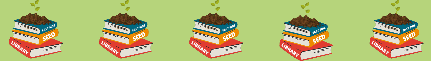 Repeating graphic of a stack of three books with a seedling growing on top. The spines of the books read 