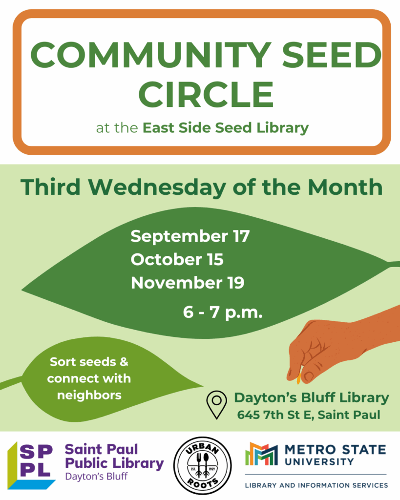 logos for the Dayton's Bluff branch of the Saint Paul Public Library, Urban Roots, and Metro State University Library and Information Services