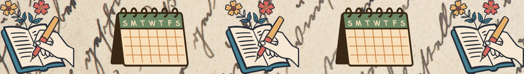 alternating graphics of a hand writing in a notebook and a calendar