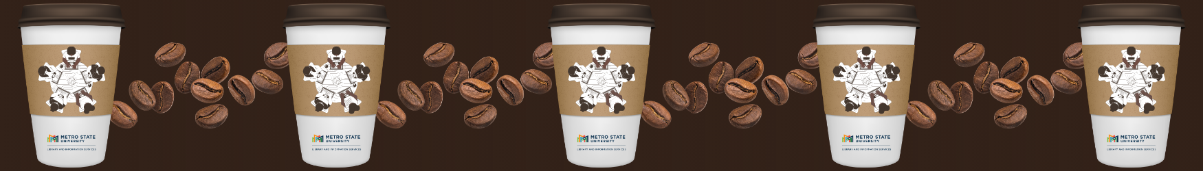 A row of coffee cups decorated with the Metro State Library logo and a graphic of people sittings around a table using their laptops.