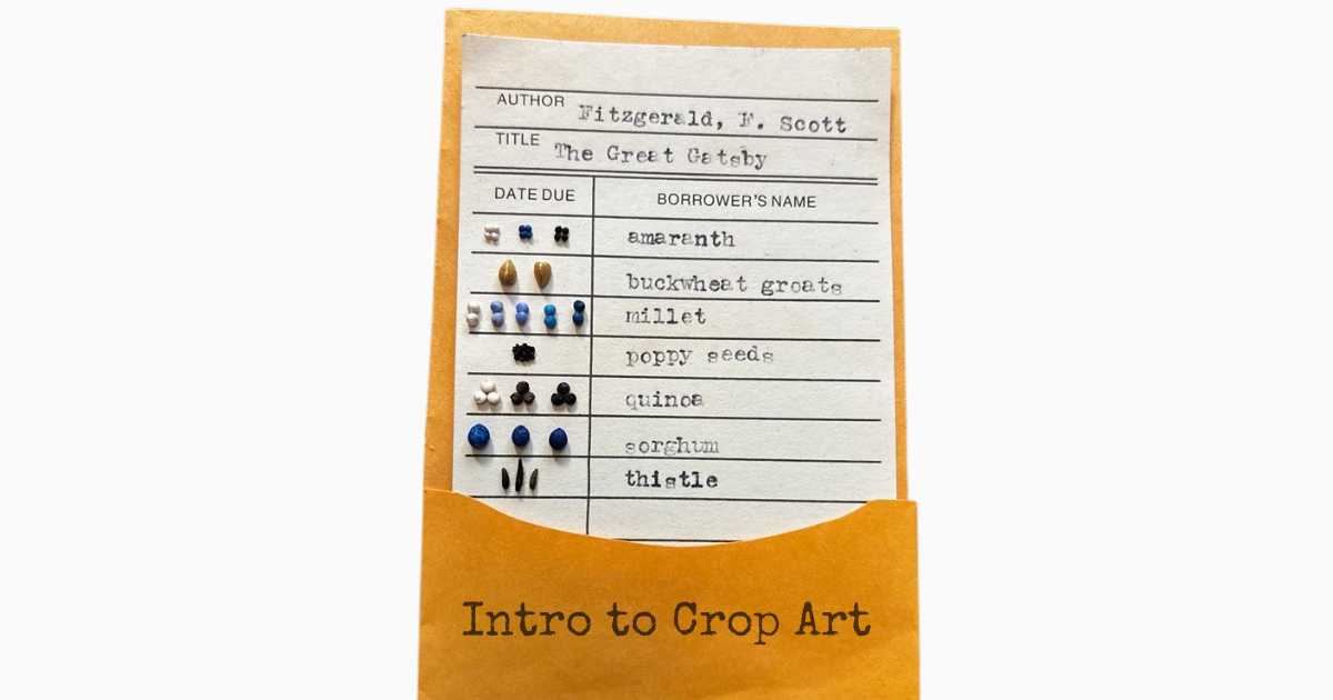 A legend card identifying the various seeds used in a piece of crop art. The legend is stylized like an old-fashioned library checkout card.